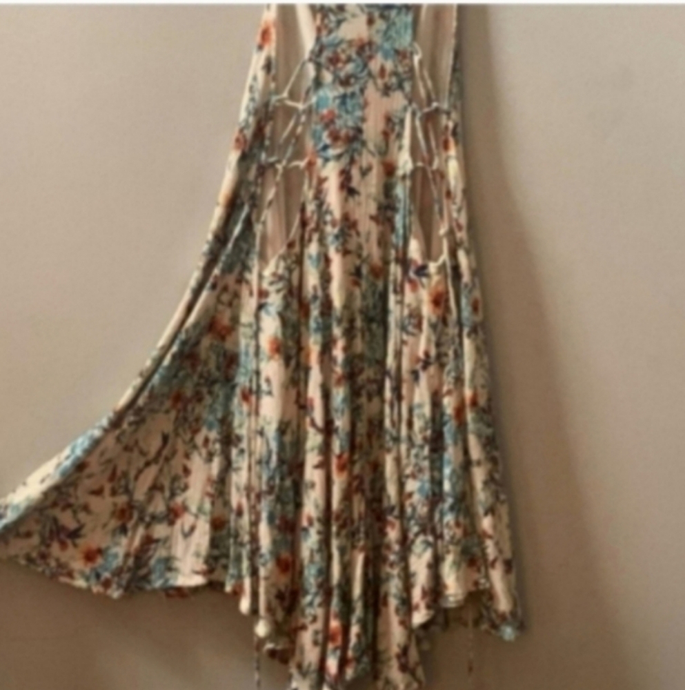 Entro Floral Boho Cream Blue Orange Women's Dress S Hi Lo Hem Tie Tassels*FLAW